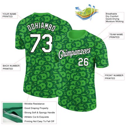 Personalized Dollar Sign Money Theme 3D Pattern T-Shirt with Custom Name and Number - Grass Green White-Black Design Personalized
