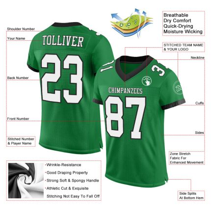 Personalized Football Jersey - Authentic Mesh in Grass Green and White-Black Personalized Grass Green White-Black Mesh Authentic