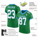 Custom Personalized Grass Green White Blue Football Jersey with Name and Number - Authentic Mesh Team Apparel Personalized