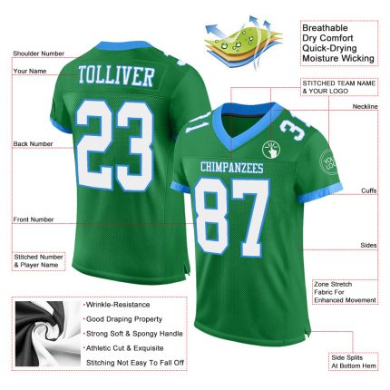 Custom Personalized Grass Green White Blue Football Jersey with Name and Number - Authentic Mesh Team Apparel Personalized