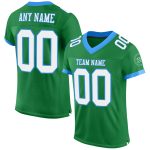 Custom Personalized Grass Green White Blue Football Jersey with Name and Number - Authentic Mesh Team Apparel Personalized
