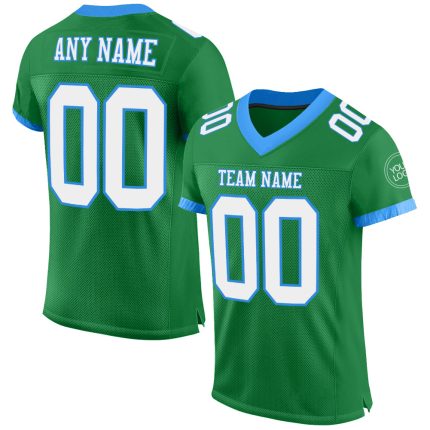 Custom Personalized Grass Green White Blue Football Jersey with Name and Number - Authentic Mesh Team Apparel Personalized