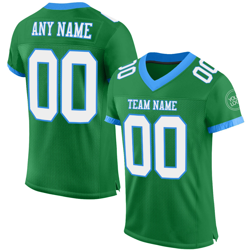 Custom Personalized Grass Green White Blue Football Jersey with Name and Number - Authentic Mesh Team Apparel Personalized