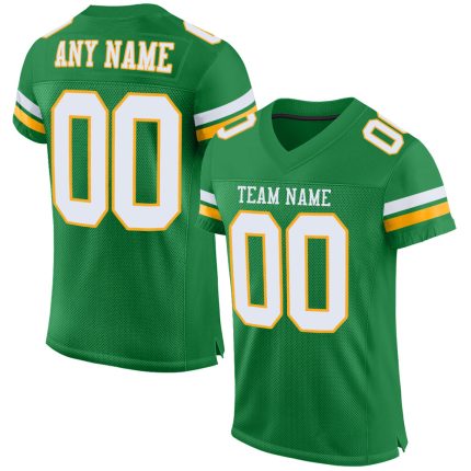 Personalized Grass Green White Gold Authentic Football Jersey - Custom Mesh Sportswear Personalized Grass Green White-Gold