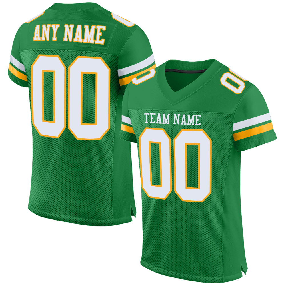 Personalized Grass Green White Gold Authentic Football Jersey - Custom Mesh Sportswear Personalized Grass Green White-Gold