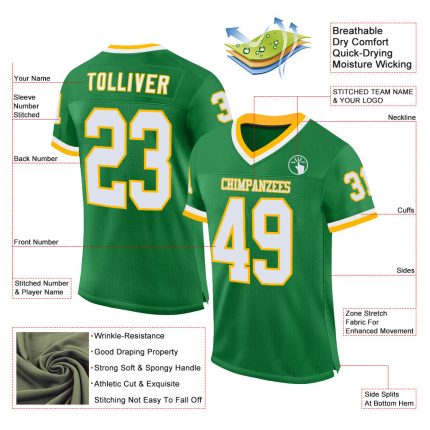 Custom Name Number Authentic Throwback Football Jersey - Personalized Grass Green White Gold Mesh Team Jersey Personalized