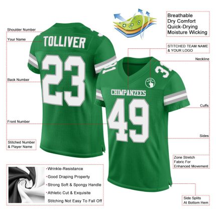 Custom Name and Number Authentic Football Jersey in Grass Green White-Gray Mesh - Personalized Team Apparel Personalized