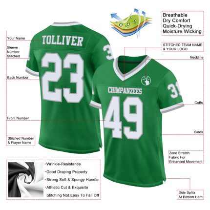 Customizable Grass Green White-Gray Mesh Throwback Football Jersey with Personalized Name and Number Personalized Grass Green