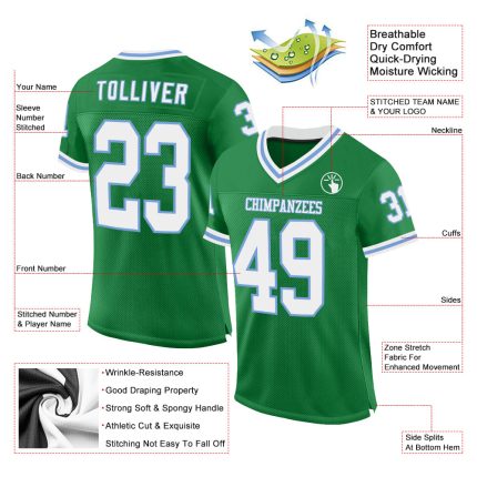 Custom Personalized Throwback Football Jersey - Grass Green White-Light Blue Mesh, Team Name & Number Personalized Grass