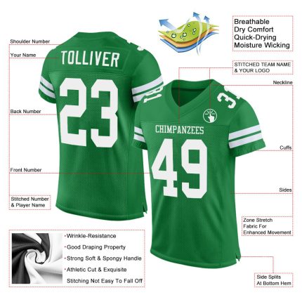 Customizable Grass Green Football Jersey with White Mesh - Personalized Name & Number Personalized Grass Green White Mesh