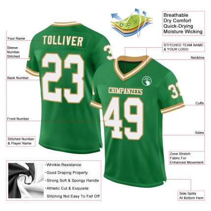 Customizable Grass Green White-Old Gold Football Jersey with Personalized Name and Number - Authentic Throwback Style Personalized