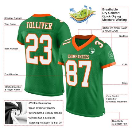 Personalized Green White-Orange Mesh Football Jersey - Authentic Style Personalized Grass Green White-Orange Mesh Authentic