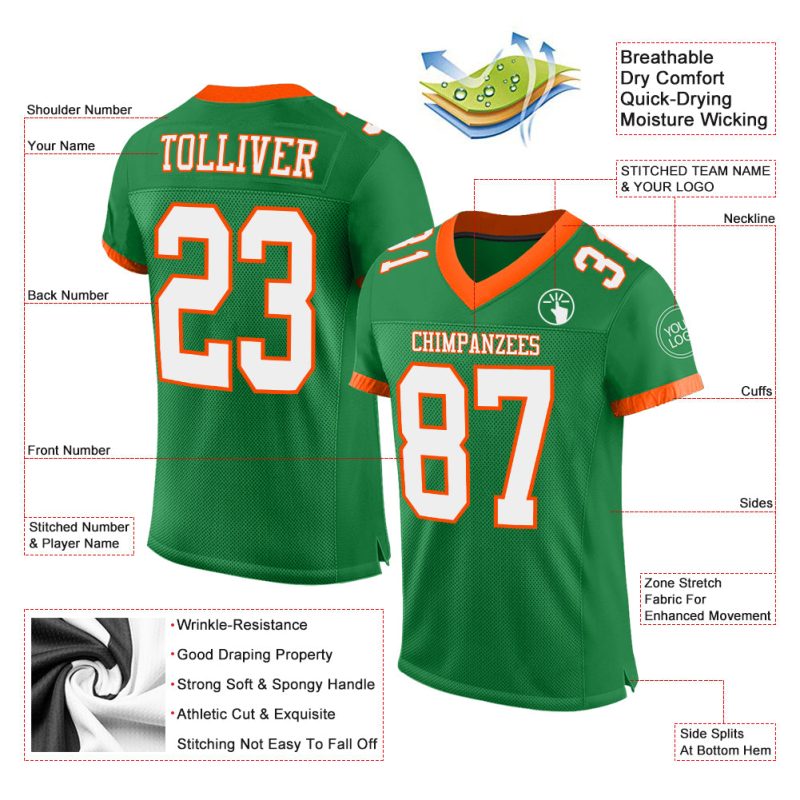 Personalized Green White-Orange Mesh Football Jersey - Authentic Style Personalized Grass Green White-Orange Mesh Authentic