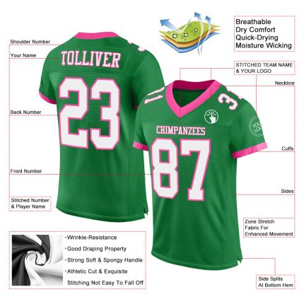 Personalized Grass Green White Pink Authentic Football Jersey for Men and Women Personalized Grass Green White-Pink Mesh