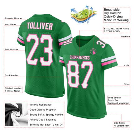 Custom Football Jersey with Personalized Name and Number - Grass Green White-Pink Mesh Personalized Grass Green White-Pink