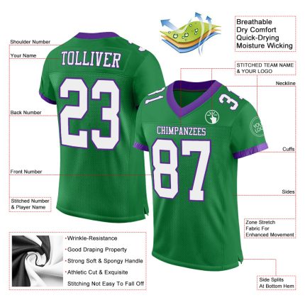 Custom Personalized Football Jersey - Grass Green White Purple Mesh, Team Name & Number Personalized Grass Green White-Purple