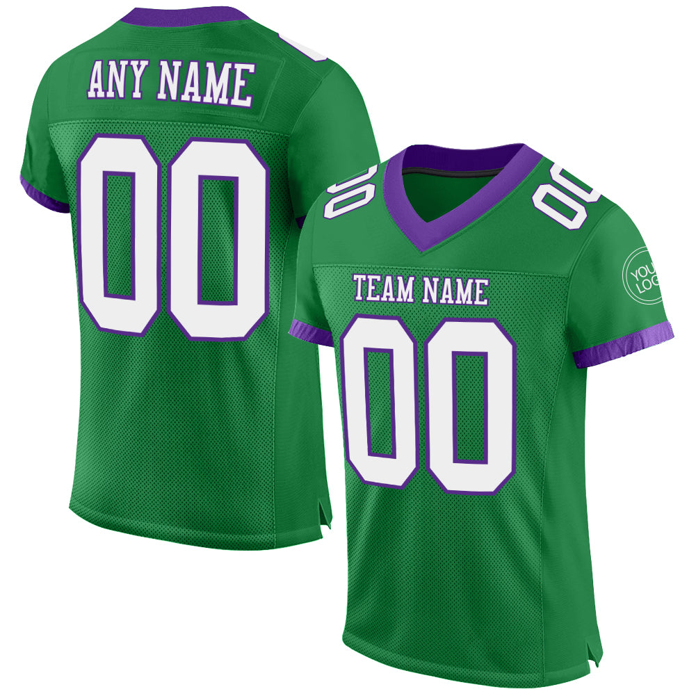 Custom Personalized Football Jersey - Grass Green White Purple Mesh, Team Name & Number Personalized Grass Green White-Purple
