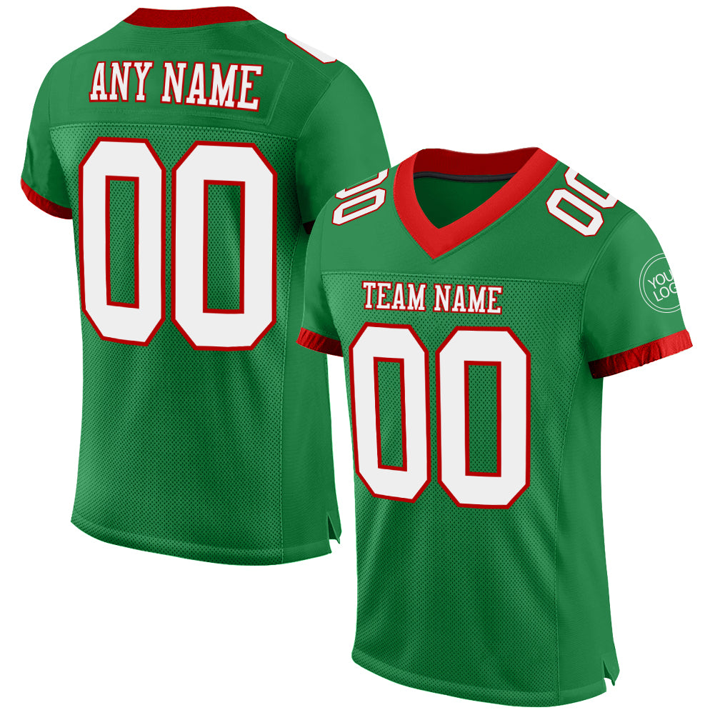 Personalized Authentic Football Jersey in Grass Green with White and Red Mesh Personalized Grass Green White-Red Mesh Authentic