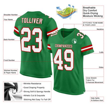 Custom Authentic Football Jersey - Personalized Grass Green White-Red with Team Name & Number Personalized Grass Green White-Red