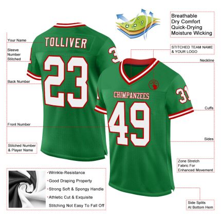 Customizable Grass Green White-Red Football Jersey with Name & Number - Authentic Throwback Style Personalized Grass Green