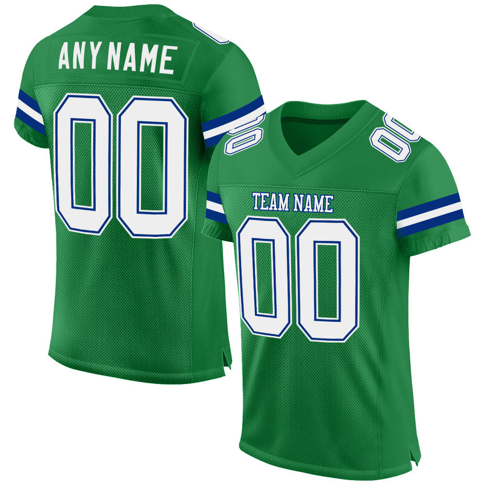Custom Team Football Jersey with Personalized Name and Number - Grass Green White-Royal Mesh Authentic Personalized Grass