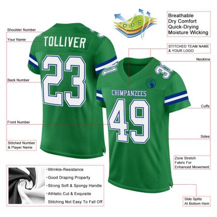 Custom Team Football Jersey with Personalized Name and Number - Grass Green White-Royal Mesh Authentic Personalized Grass