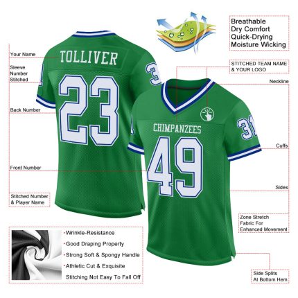 Custom Name & Number Authentic Throwback Football Jersey - Personalized Grass Green & White-Royal Mesh Team Jersey Personalized