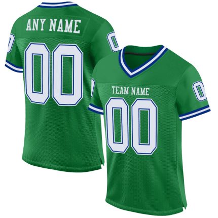 Custom Name & Number Authentic Throwback Football Jersey - Personalized Grass Green & White-Royal Mesh Team Jersey Personalized