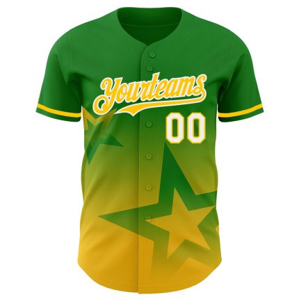 Custom Name and Number Baseball Jersey, Gradient 3D Twinkle Star Design in Grass Green and Yellow-White Personalized Grass