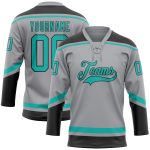 Custom Name and Number Hockey Jersey in Gray Aqua-Black - Personalized Lace Neck Team Jersey Personalized Gray Aqua-Black