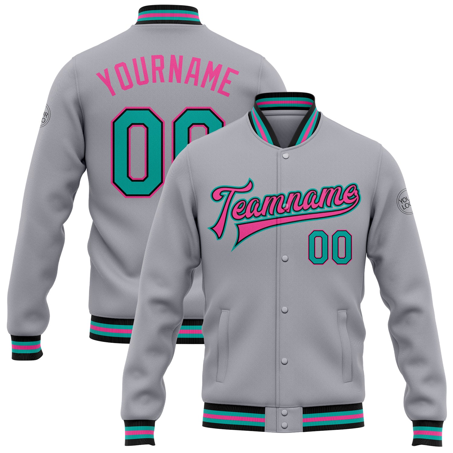 Custom Personalized Varsity Letterman Jacket - Gray Aqua Black-Pink Full-Snap with Team Name and Number Personalized Gray