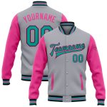 Personalized Two Tone Varsity Bomber Jacket Gray Aqua Black Pink Full-Snap Personalized Gray Aqua Black-Pink Bomber Full-Snap