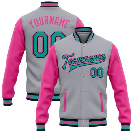 Personalized Two Tone Varsity Bomber Jacket Gray Aqua Black Pink Full-Snap Personalized Gray Aqua Black-Pink Bomber Full-Snap