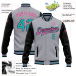 Custom Personalized Varsity Letterman Jacket Gray Aqua Black-Pink Full-Snap Bomber with Team Name and Number Personalized