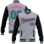 Custom Personalized Varsity Letterman Jacket Gray Aqua Black-Pink Full-Snap Bomber with Team Name and Number Personalized