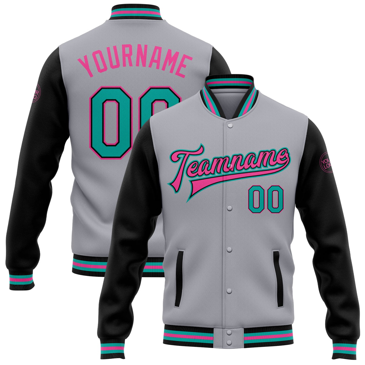 Custom Personalized Varsity Letterman Jacket Gray Aqua Black-Pink Full-Snap Bomber with Team Name and Number Personalized