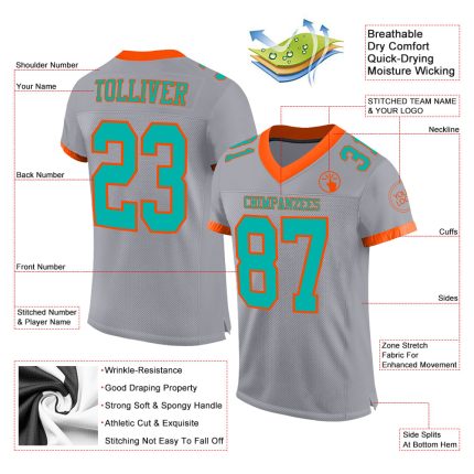 Custom Football Jersey with Personalized Name and Number - Gray Aqua-Orange Mesh Authentic Design Personalized Gray Aqua-Orange