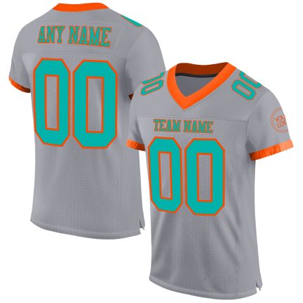Custom Football Jersey with Personalized Name and Number - Gray Aqua-Orange Mesh Authentic Design Personalized Gray Aqua-Orange