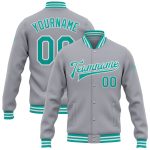 Custom Team Name Number Gray Aqua White Bomber Varsity Letterman Jacket Full-Snap Personalized Personalized Gray Aqua-White