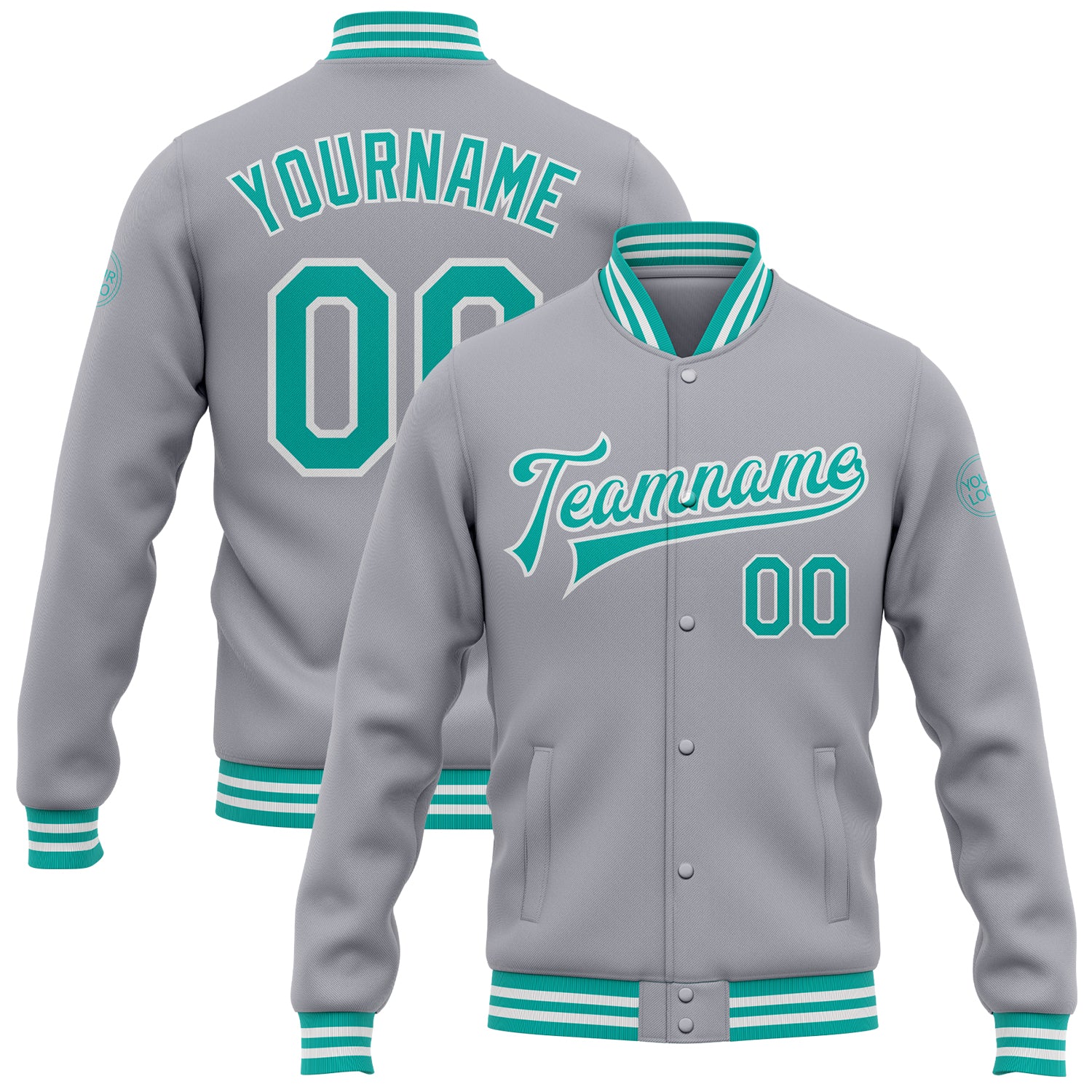 Custom Team Name Number Gray Aqua White Bomber Varsity Letterman Jacket Full-Snap Personalized Personalized Gray Aqua-White