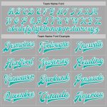 Custom Team Name Number Gray Aqua White Bomber Varsity Letterman Jacket Full-Snap Personalized Personalized Gray Aqua-White