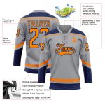 Custom Name and Number Hockey Jersey in Gray Bay, Orange, and Navy - Personalized Lace Neck Team Apparel Personalized Gray