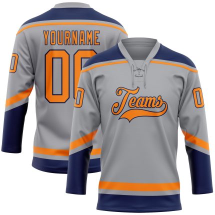 Custom Name and Number Hockey Jersey in Gray Bay, Orange, and Navy - Personalized Lace Neck Team Apparel Personalized Gray