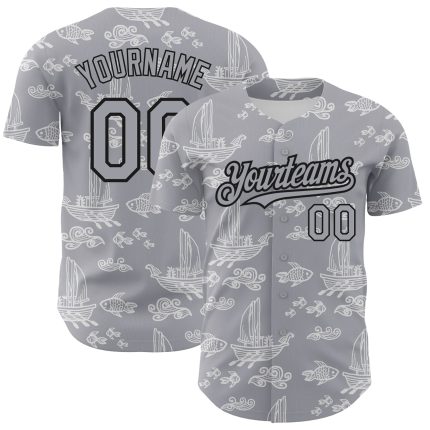 Custom 3D Pattern Gray Black Baseball Jersey with Boats and Fish - Personalized Team Jersey with Name and Number Personalized