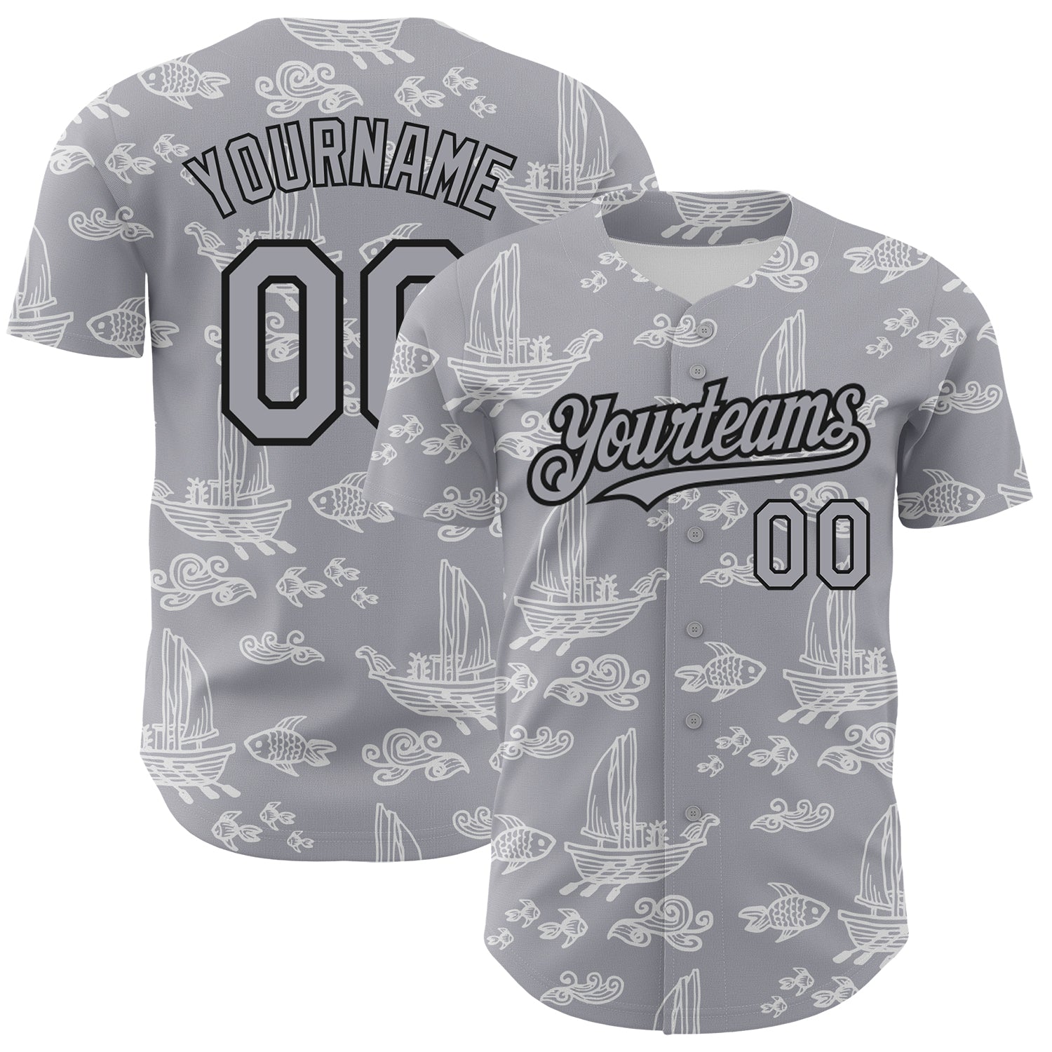 Custom 3D Pattern Gray Black Baseball Jersey with Boats and Fish - Personalized Team Jersey with Name and Number Personalized