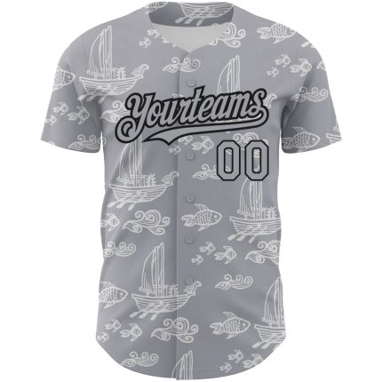 Custom 3D Pattern Gray Black Baseball Jersey with Boats and Fish - Personalized Team Jersey with Name and Number Personalized