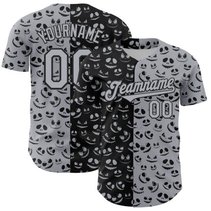 Custom Name and Number Rave Pumpkin Halloween Baseball Jersey - Personalized Gray Black 3D Pattern Design Personalized Gray