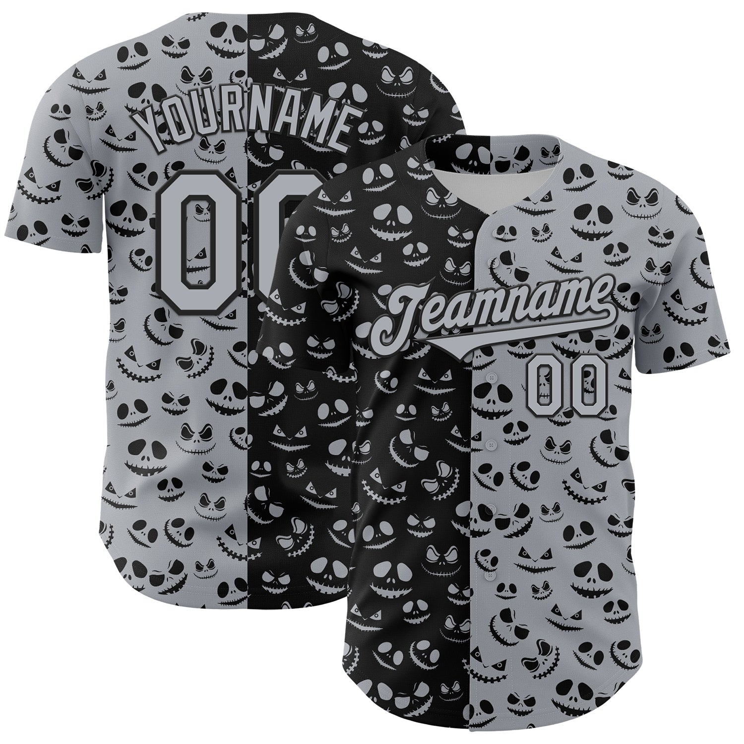 Custom Name and Number Rave Pumpkin Halloween Baseball Jersey - Personalized Gray Black 3D Pattern Design Personalized Gray