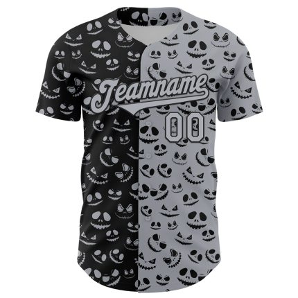 Custom Name and Number Rave Pumpkin Halloween Baseball Jersey - Personalized Gray Black 3D Pattern Design Personalized Gray