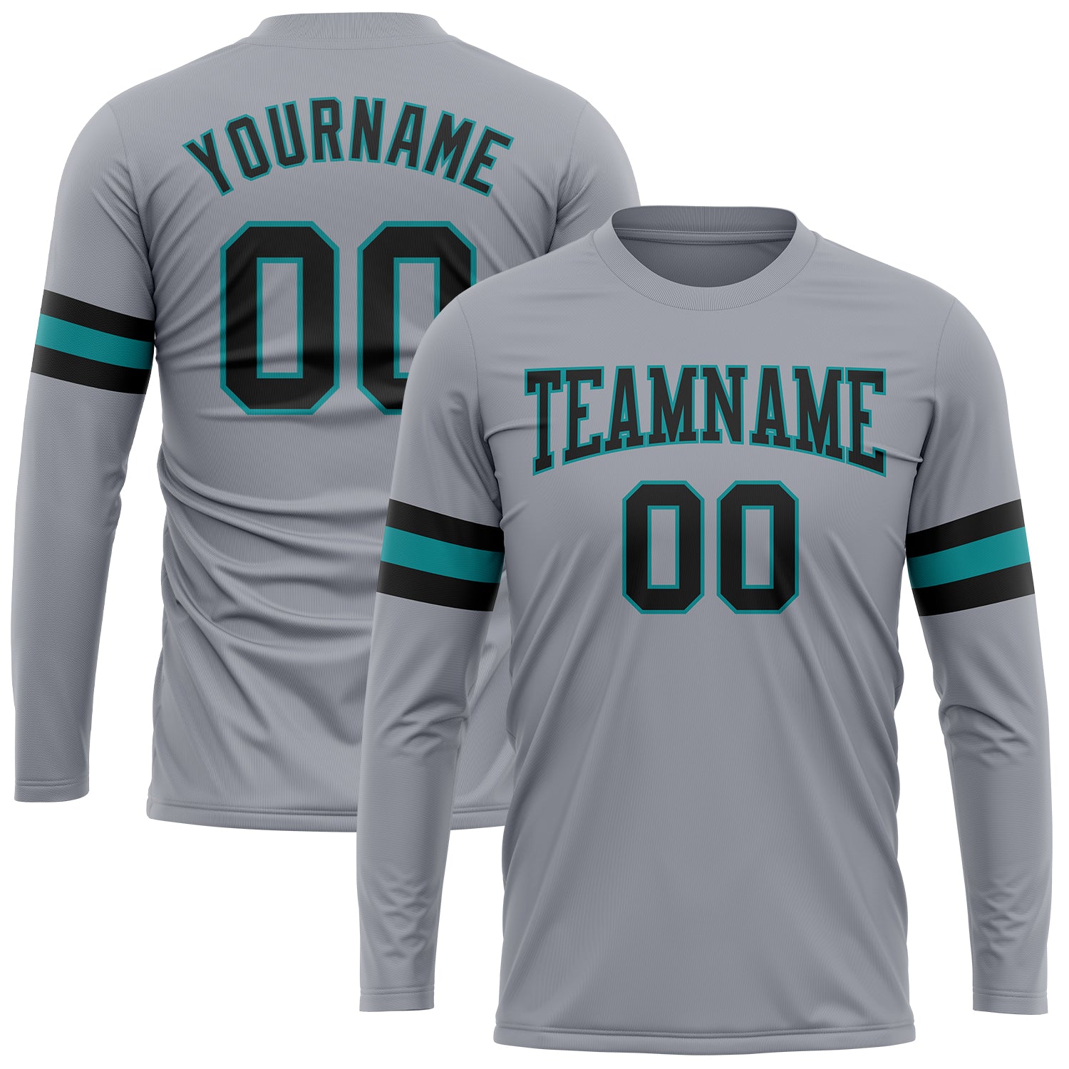 Custom Team Performance T-Shirt with Name and Number - Personalized Gray Black Aqua Long Sleeve Personalized Gray Black-Aqua